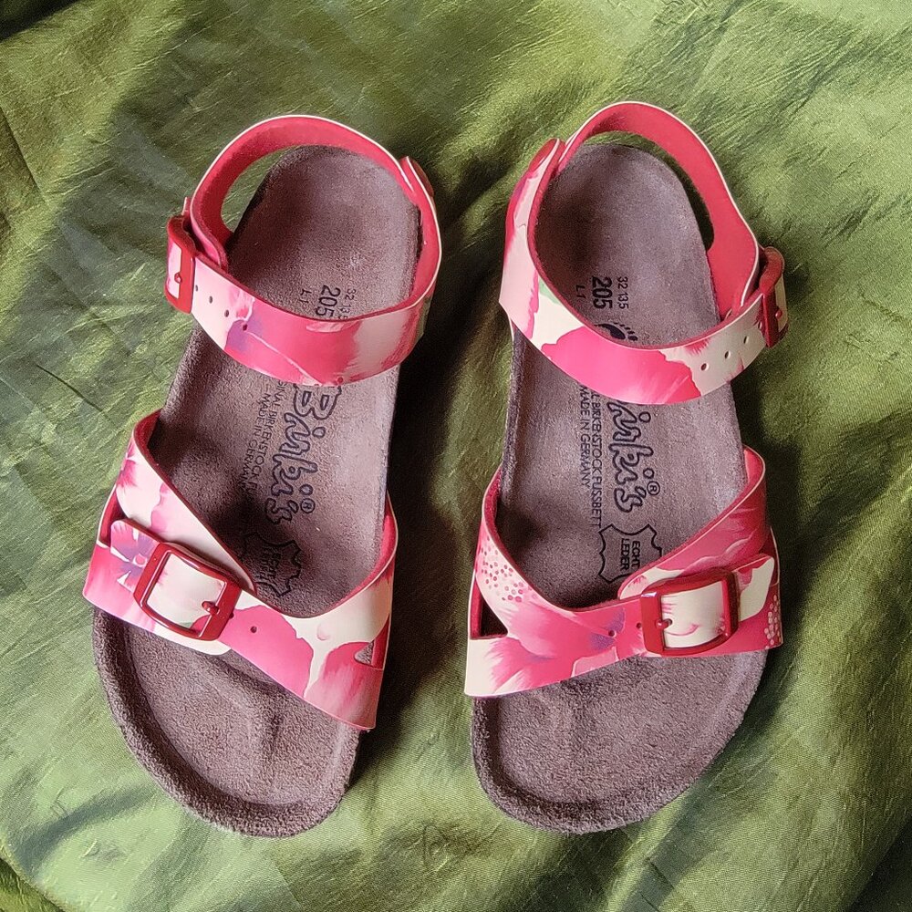 Birki's Red Hibiscus Sandals with Buckles for Girls
